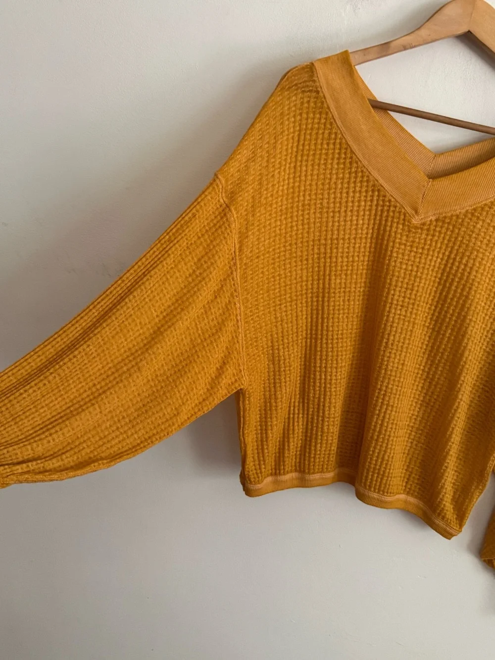 We The Free Thermal Waffle Knit Top Women’s XS Mustard V Neck Oversized Boho